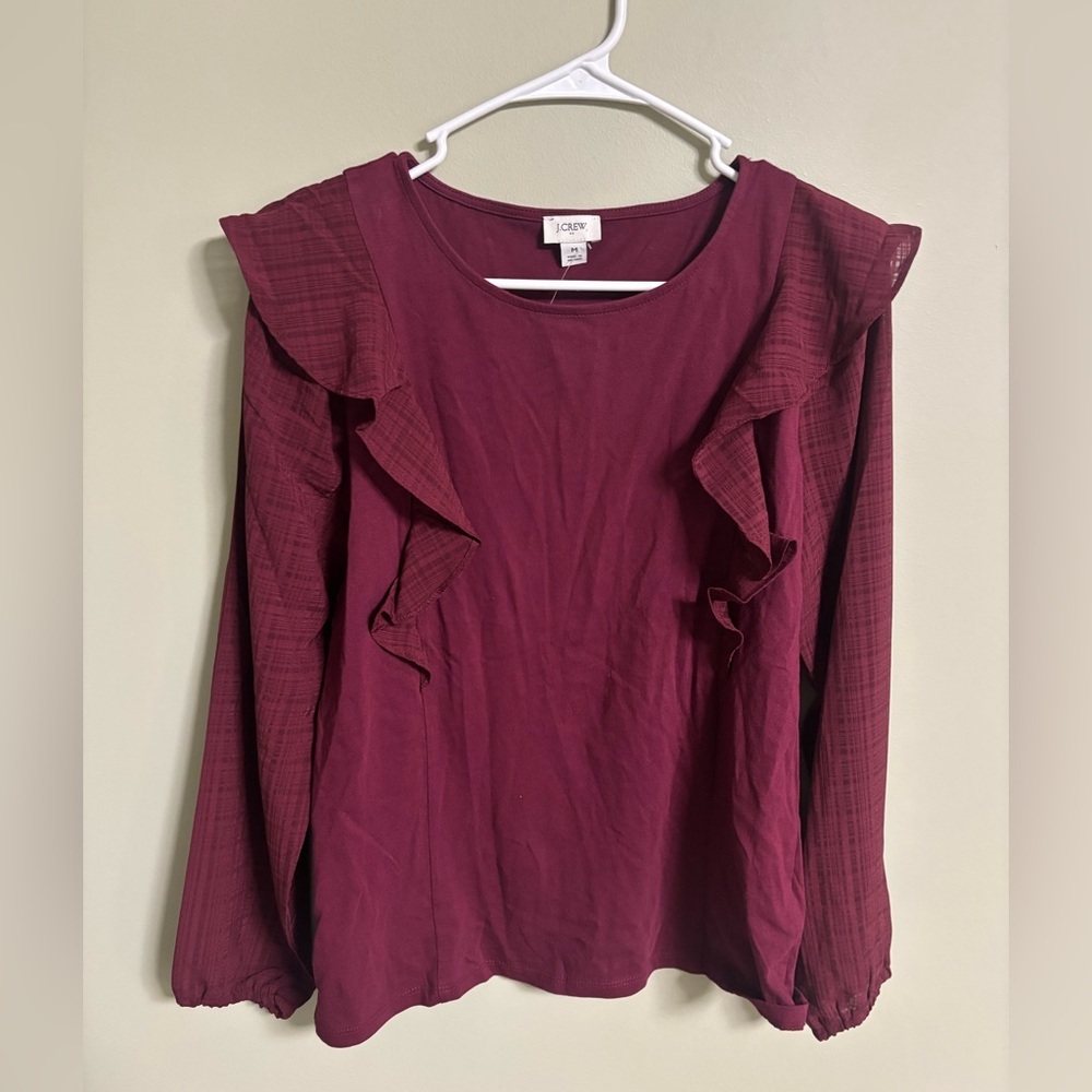 J.Crew Ruffle-Shoulder Top with Plaid Jacquard Sleeves Womens Size Medium New